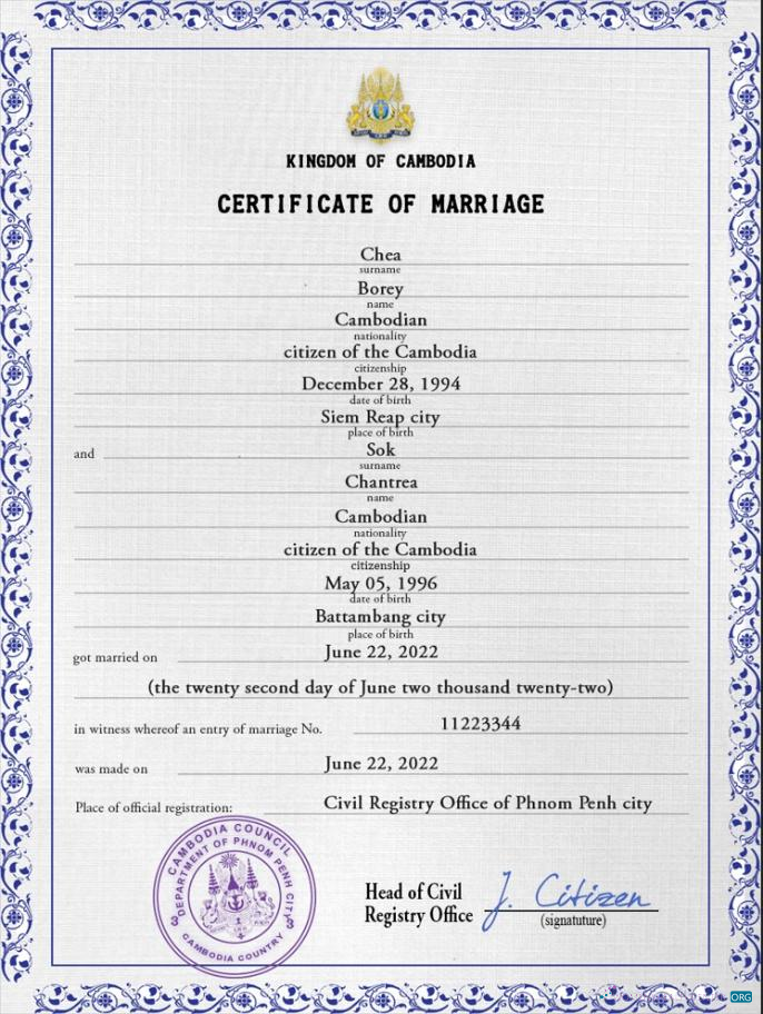 Download Cambodia marriage certificate PSD template Photoshop template
